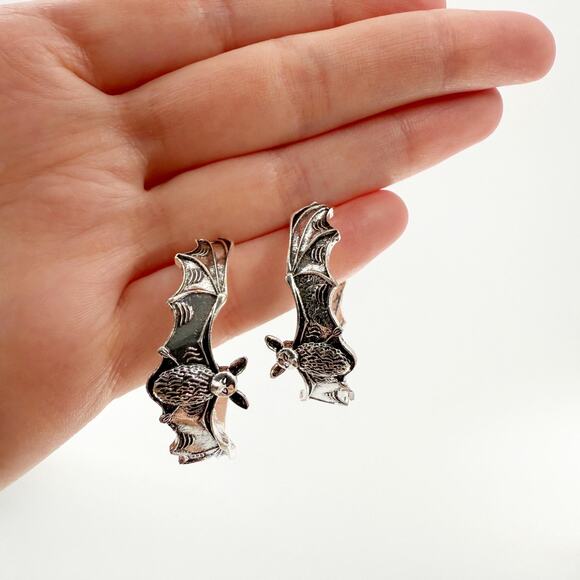 Gothic Silver Bat Hoop Earrings. Bat Earrings, Medieval Dark Academia Jewelry - Picture 2 of 4